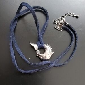 Silver Dolphin Pendant Necklace with Blue Sued Chord